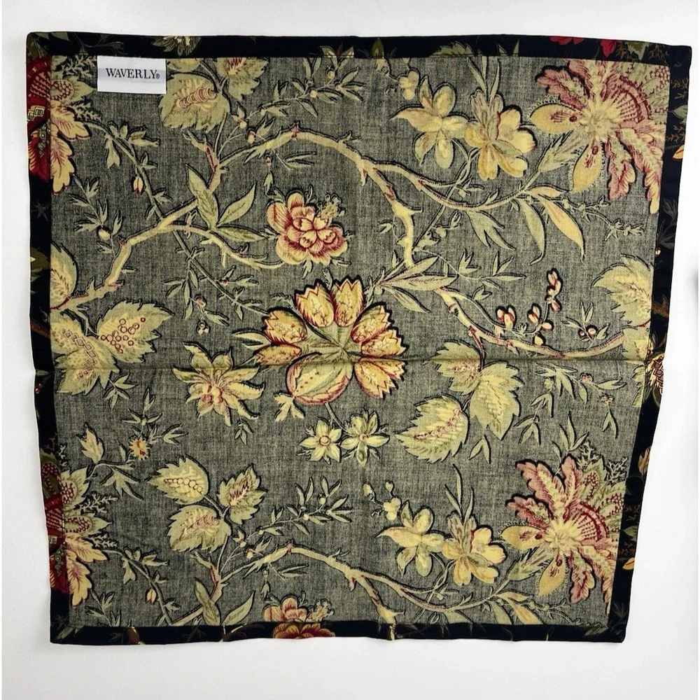 Waverly Felicite Noir Cloth Napkin SET 10 Black Floral Jacobean Red Yellow 18